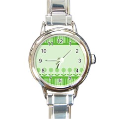 Floral Stripes Card In Green Round Italian Charm Watch by Simbadda