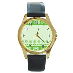 Floral Stripes Card In Green Round Gold Metal Watch by Simbadda