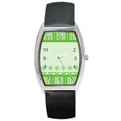 Floral Stripes Card In Green Barrel Style Metal Watch by Simbadda