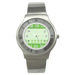 Floral Stripes Card In Green Stainless Steel Watch