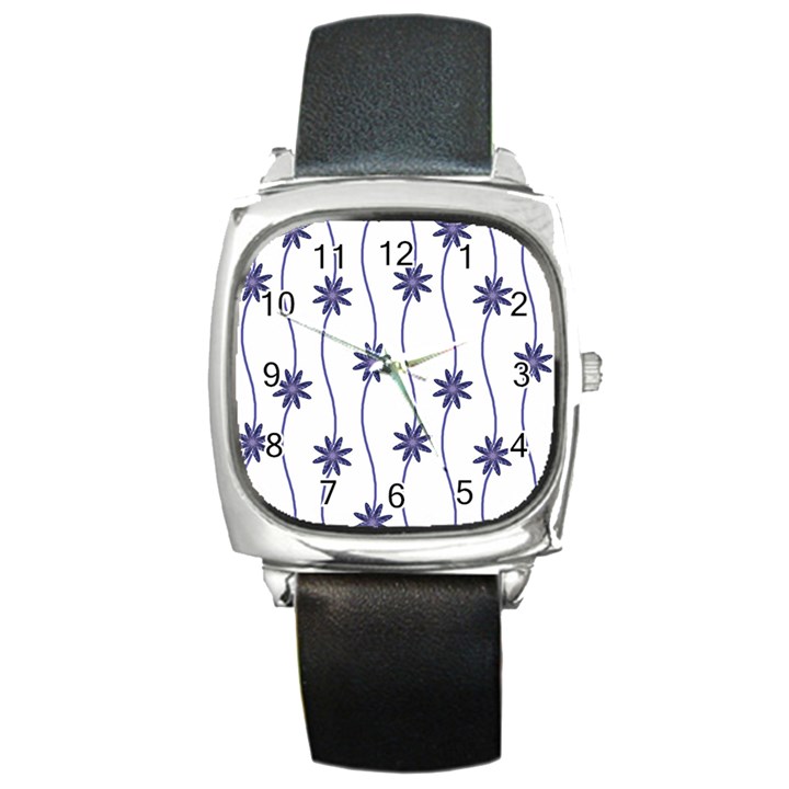 Geometric Flower Seamless Repeating Pattern With Curvy Lines Square Metal Watch