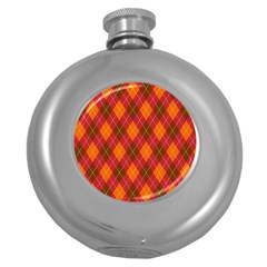 Argyle Pattern Background Wallpaper In Brown Orange And Red Round Hip Flask (5 Oz) by Simbadda