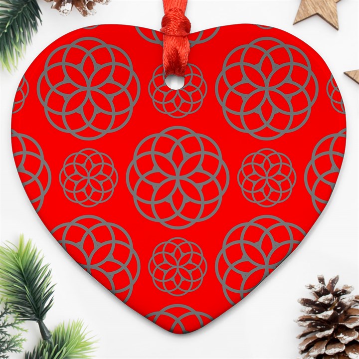 Geometric Circles Seamless Pattern On Red Background Heart Ornament (Two Sides)