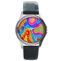 Hand Painted Digital Doodle Abstract Pattern Round Metal Watch by Simbadda