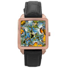 Fractal Background With Abstract Streak Shape Rose Gold Leather Watch 