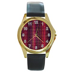 Colorful And Glowing Pixelated Pixel Pattern Round Gold Metal Watch by Simbadda