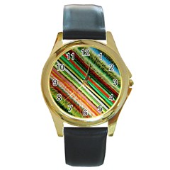 Colorful Stripe Extrude Background Round Gold Metal Watch by Simbadda