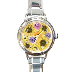 Multi Flower Line Drawing Round Italian Charm Watch by Simbadda