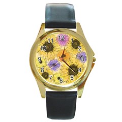 Multi Flower Line Drawing Round Gold Metal Watch by Simbadda