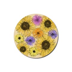 Multi Flower Line Drawing Rubber Round Coaster (4 Pack)  by Simbadda