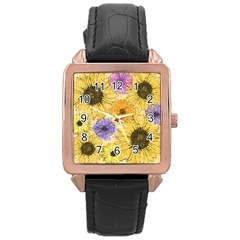 Multi Flower Line Drawing Rose Gold Leather Watch  by Simbadda