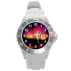 Fall Forest Background Round Plastic Sport Watch (l) by Simbadda