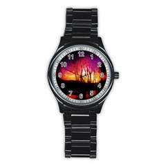 Fall Forest Background Stainless Steel Round Watch by Simbadda