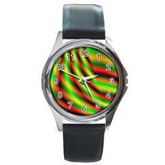 Neon Color Fractal Lines Round Metal Watch by Simbadda