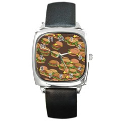 A Fun Cartoon Cheese Burger Tiling Pattern Square Metal Watch by Simbadda