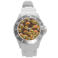 A Fun Cartoon Cheese Burger Tiling Pattern Round Plastic Sport Watch (l) by Simbadda