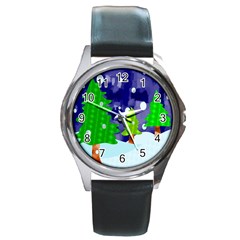 Christmas Trees And Snowy Landscape Round Metal Watch by Simbadda