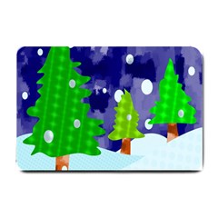 Christmas Trees And Snowy Landscape Small Doormat  by Simbadda