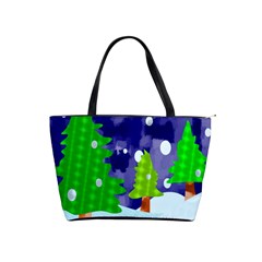 Christmas Trees And Snowy Landscape Shoulder Handbags by Simbadda