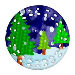 Christmas Trees And Snowy Landscape Round Filigree Ornament (two Sides) by Simbadda