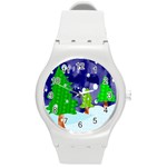 Christmas Trees And Snowy Landscape Round Plastic Sport Watch (M) Front