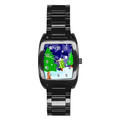 Christmas Trees And Snowy Landscape Stainless Steel Barrel Watch by Simbadda