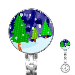 Christmas Trees And Snowy Landscape Stainless Steel Nurses Watch by Simbadda