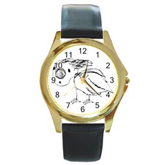 Helpless Bird Sketch Up Drawing Round Gold Metal Watch by dflcprints