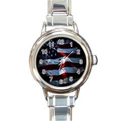 Grunge American Flag Background Round Italian Charm Watch by Simbadda