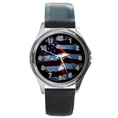 Grunge American Flag Background Round Metal Watch by Simbadda