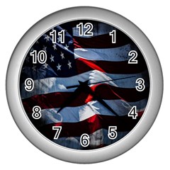 Grunge American Flag Background Wall Clocks (silver)  by Simbadda