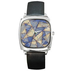 Blue And Tan Triangles Intertwine Together To Create An Abstract Background Square Metal Watch by Simbadda