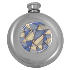 Blue And Tan Triangles Intertwine Together To Create An Abstract Background Round Hip Flask (5 Oz) by Simbadda