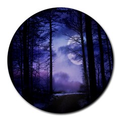 Moonlit A Forest At Night With A Full Moon Round Mousepads by Simbadda