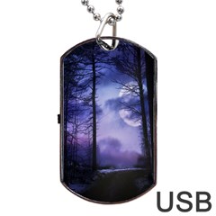 Moonlit A Forest At Night With A Full Moon Dog Tag Usb Flash (one Side)