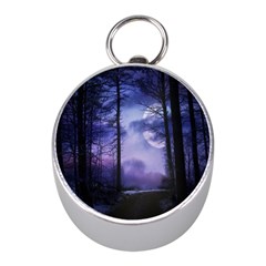 Moonlit A Forest At Night With A Full Moon Mini Silver Compasses by Simbadda