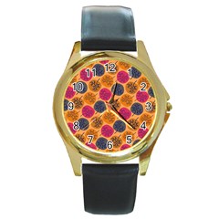 Colorful Trees Background Pattern Round Gold Metal Watch by Simbadda