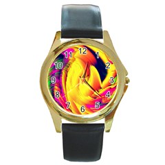 Stormy Yellow Wave Abstract Paintwork Round Gold Metal Watch by Simbadda