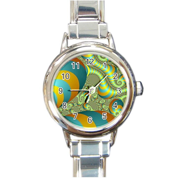 Gold Blue Fractal Worms Background Round Italian Charm Watch