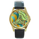 Gold Blue Fractal Worms Background Round Gold Metal Watch Front