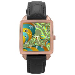 Gold Blue Fractal Worms Background Rose Gold Leather Watch  by Simbadda