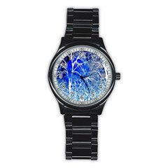 Winter Blue Moon Fractal Forest Background Stainless Steel Round Watch by Simbadda