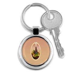 Digital Art Minimalism Nature Simple Background Palm Trees Volcano Eruption Lava Smoke Low Poly Circ Key Chains (round)  by Simbadda