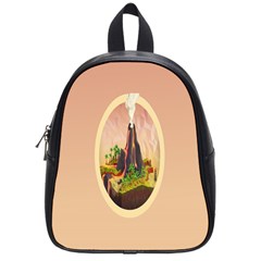 Digital Art Minimalism Nature Simple Background Palm Trees Volcano Eruption Lava Smoke Low Poly Circ School Bags (small)  by Simbadda