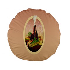 Digital Art Minimalism Nature Simple Background Palm Trees Volcano Eruption Lava Smoke Low Poly Circ Standard 15  Premium Round Cushions by Simbadda