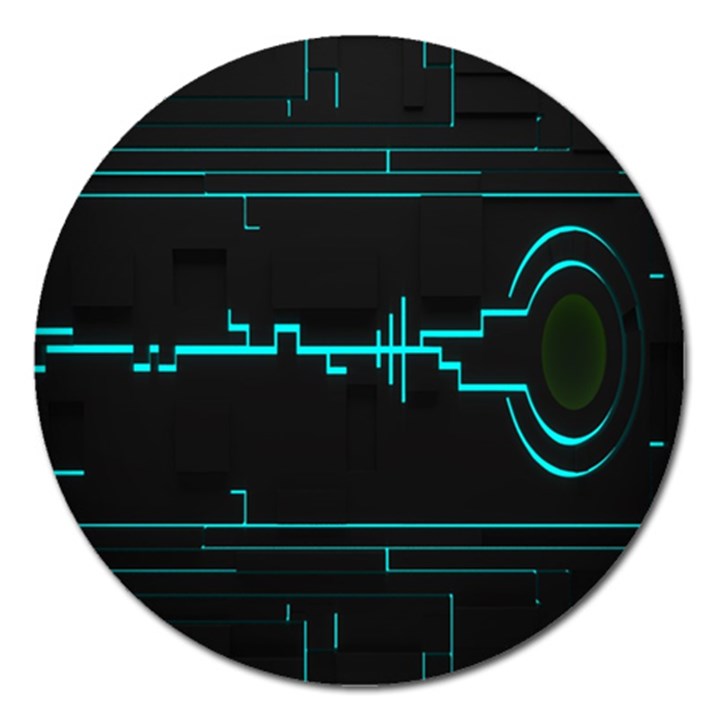 Blue Aqua Digital Art Circuitry Gray Black Artwork Abstract Geometry Magnet 5  (Round)