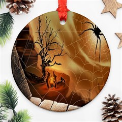 Digital Art Nature Spider Witch Spiderwebs Bricks Window Trees Fire Boiler Cliff Rock Ornament (round) by Simbadda