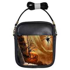 Digital Art Nature Spider Witch Spiderwebs Bricks Window Trees Fire Boiler Cliff Rock Girls Sling Bags by Simbadda