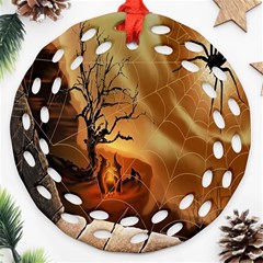 Digital Art Nature Spider Witch Spiderwebs Bricks Window Trees Fire Boiler Cliff Rock Ornament (round Filigree) by Simbadda