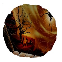 Digital Art Nature Spider Witch Spiderwebs Bricks Window Trees Fire Boiler Cliff Rock Large 18  Premium Round Cushions by Simbadda